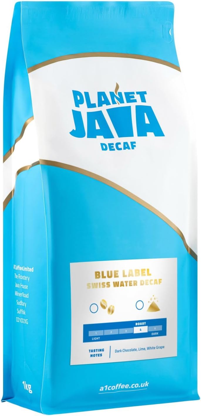 Planet Java Blue Label Swiss Water Decaf Coffee Beans 1 x 1kg Bag - Award Winning Full Medium Roast Hand Roasted In The UK - 100% Arabica