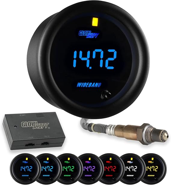 GlowShift Black 7 Color Digital Wideband Air Fuel Gauge Kit, 2-1/16" 52mm | Includes O2 Sensor, Control Box, Data Logging Output, Weld-in Bung & Wiring, Multi-Color LED Display, Clear Lens
