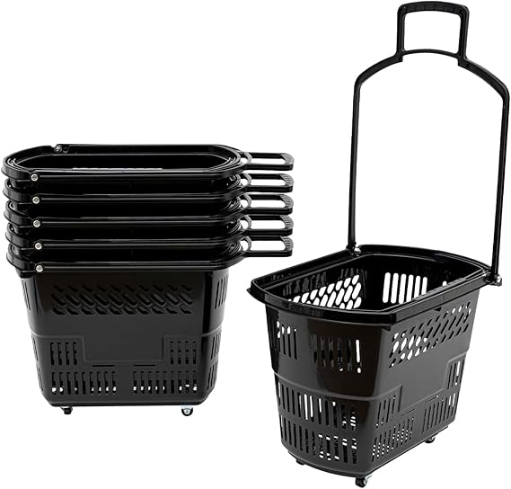 6PCS Rolling Shopping Baskets, Shopping Carts with Wheels and Handles, 110lbs Capacity Portable Plastic Rolling Basket Set, PP Grocery Basket for Supermarkets, Retail Stores, Bookstores