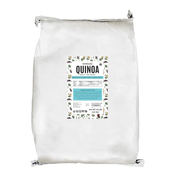 CEREAUSLY Organic Tri-Color Quinoa Premium Royal Quinoa from Bolivia Kosher and Non-GMO Quinoa Bulk Vegan and Gluten-Fee Cooking Quinoa 10 LB