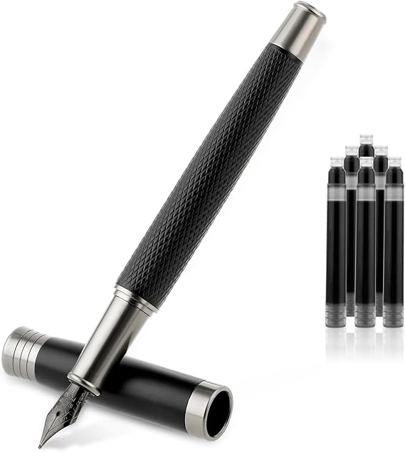 TIESOME Metal Fountain Pen Set Titanium Steel Luxurious Vintage Luxury Fine Tip Smooth Writing Pen Includes 6 2.6 mm Ink Cartridges Fountain Pen for Journaling Calligraphy School Office