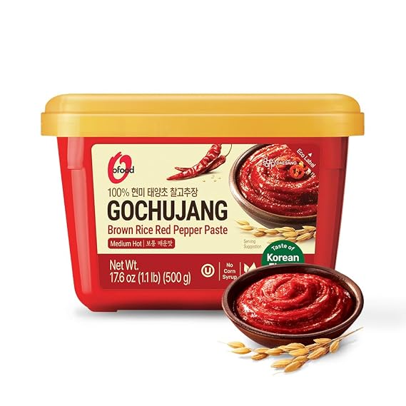 Gochujang Premium Korean Red Chili Paste [ Medium | 1.1 lb (500g) ] 0 Fat/ 0 Cholesterol / (40 Calories/Serving) | Spicy & Sweet Savory Fermented Sauce | Great for Bibimbap, Marinades, Stews & BBQ - Ofood