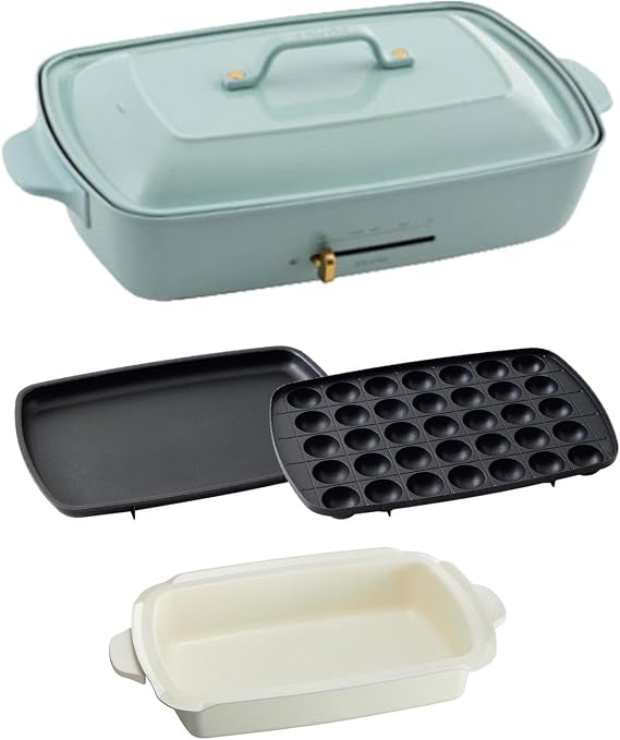 BRUNO Grande Size Hot Plate, Main Body, 3 Plate Types Takoyaki, Flat, Deep Pot, Blue Gray, Stylish, Cute, 1 Unit, Lid Included, Temperature Adjustable, Easy to Clean, For 4 or 5 People, Large, Large