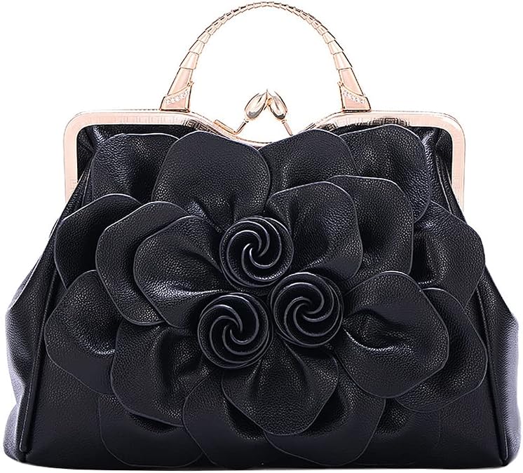 ZiMing 3D Floral Handbags for Women Genuine Leather Tote Bags Kiss Lock Purse Top Handle Bag Satchel Evening Bag Shoulder Bag