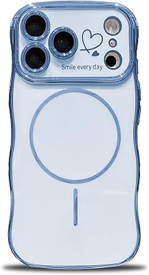 phylla for iPhone 17 Pro Max 5g Phone Case, Compatible with Magsafe,Luxury Plated Cute Wavy Border Love Hearts Raised Shockproof Soft Magentic Cell Phone Cover for Women Blue, for iPhone 17 Pro Max