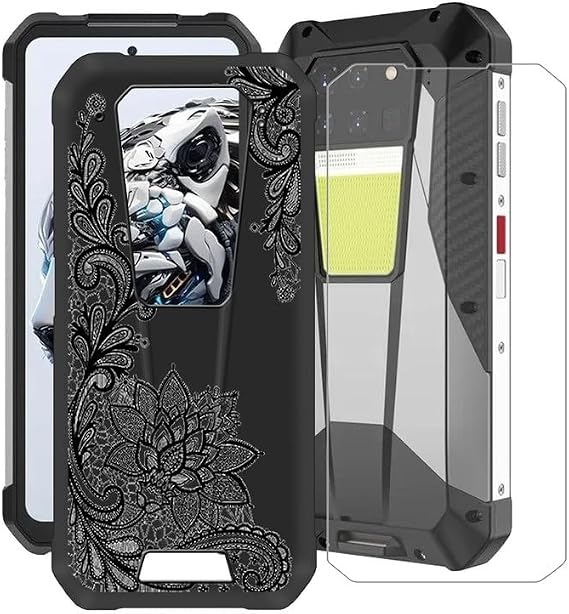 for Unihertz 8849 Tank 3 Pro Case, with [1 X Tempered Glass Screen Protector], Black Soft Silicone Shell, Shockproof Bumper Phone Case for Unihertz 8849 Tank 3 Pro (6.79") - Black Rose