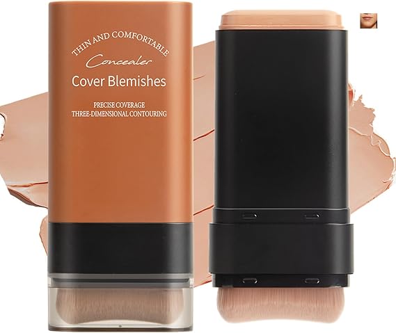 Full Coverage Foundation Stick with Built-in Brush, Waterproof Long Lasting Concealer Full Coverage Cream Foundation for All Skin Types (4#Wheat)