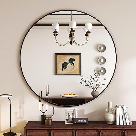 Black Round Mirror, 24 Inch Circle Bathroom Mirror with Metal Frame, Wall-Mounted for Entryway, Bathroom, Vanity, Living Room