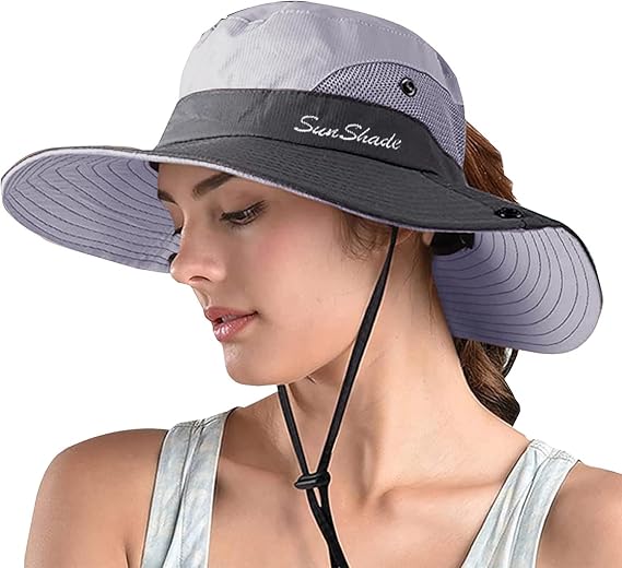Women's Ponytail Safari Sun Hat,Wide Brim UV Protection Bucket Hat | Foldable Fishing Hat,Summer Hats,Ventilation Mesh,Breathable,Soft Sweatband,Travel, Summer, Hiking, Gardening, Beach, Outdoor