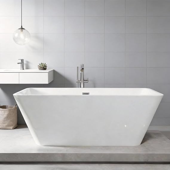 59" Acrylic Freestanding Bathtub with Chrome Drain Kit, Contemporary Square Soaking Tub with Overflow and Flexible PVC Drain Pipe, Double-Walled Insulation, cUPC Certified, Glossy White Finish