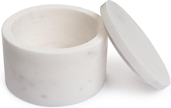 White Marble Salt Cellar with Lid | 4x2.5 Inch Stone Storage Jar for Salt, Spices, Jewelry | Decorative Marble Container for Kitchen, Living Room, Bedroom, Bathroom and Home Decor