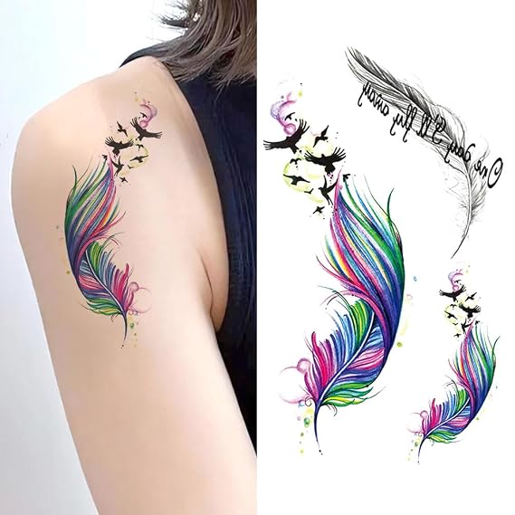 Small Cute Temporary Tattoo Sticker Set of 2 - Colorful Feather Birds Designs for Hand Neck Face Wrist, Waterproof Fake Body Art, Simple & Modern Unisex Skin Decals