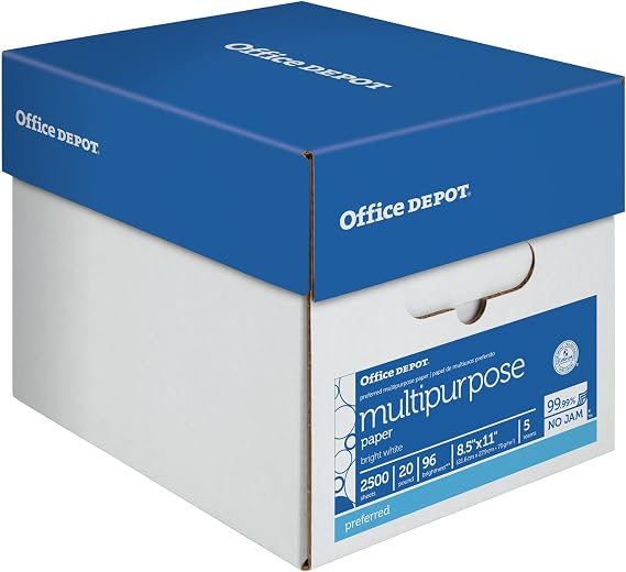 Office Depot Multi-Use Printer & Copy Paper, 5 Reams, White, Letter (8.5" x 11"), 2500 Sheets Per Case, 20 Lb, 96 Brigh