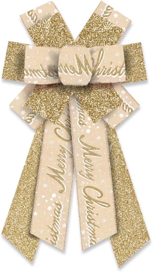 Christmas Wreath Bows Merry Christmas Words Decor Bows Glitter Gold Ribbon Bows for Wreath, Christmas Tree Topper Bows for Xmas Party Decoration Home Indoor Outdoor New Year Wreath Ornament Supplies