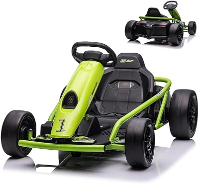 Electric Drifting Go Kart for Kids - 24V Battery, Dual Motors, High Speed, Music & Horn, Max Load 175lbs - Green