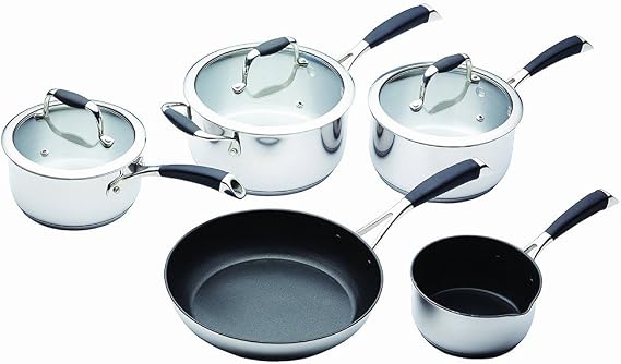 MasterClass Induction Ready Saucepan Set Including Milk Pan, Frying Pan and Saute Pan with PTFE, PFOA and BPA Free Non Stick, Dishwasher safe, 5 Pieces - Stainless Steel, Silver