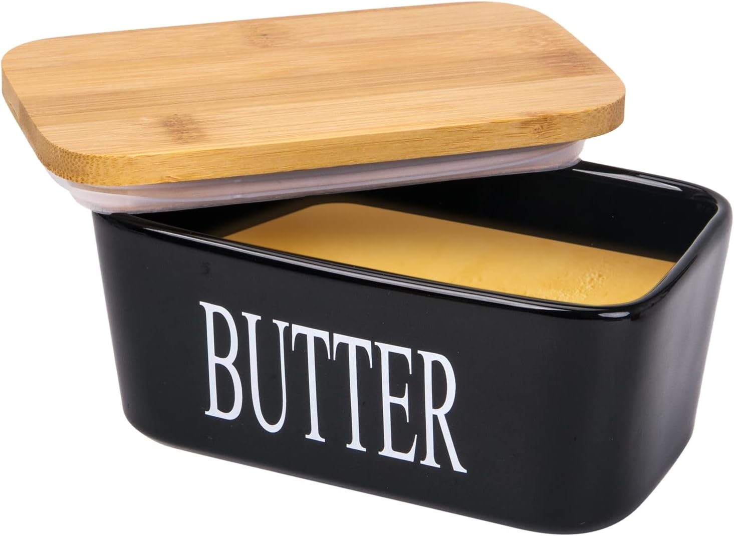 Butter Dish with Cover - Ceramics Butter Container with Bamboo Lid for Countertop,Double-layer Silicone Sealing Larger Butter Dishes with Covers Perfect for East West Coast Butter Black with Words