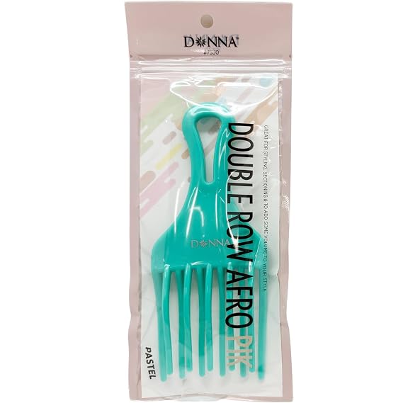DONNA Double Row Afro Pik Pastel Pink Wide-Tooth Pick Comb for Natural, Curly & Coily Hair Root Lift, Volume & Fluffing Rounded Tips, Hook