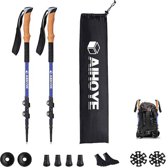 Aihoye Trekking Hiking Pole - 2 Pack Adjustable Walking Stick Foldable Lightweight - Durable and Lightweight Aluminum 7075, Quick Flip Lock Hiking Stick, Comfortable Cork Grip