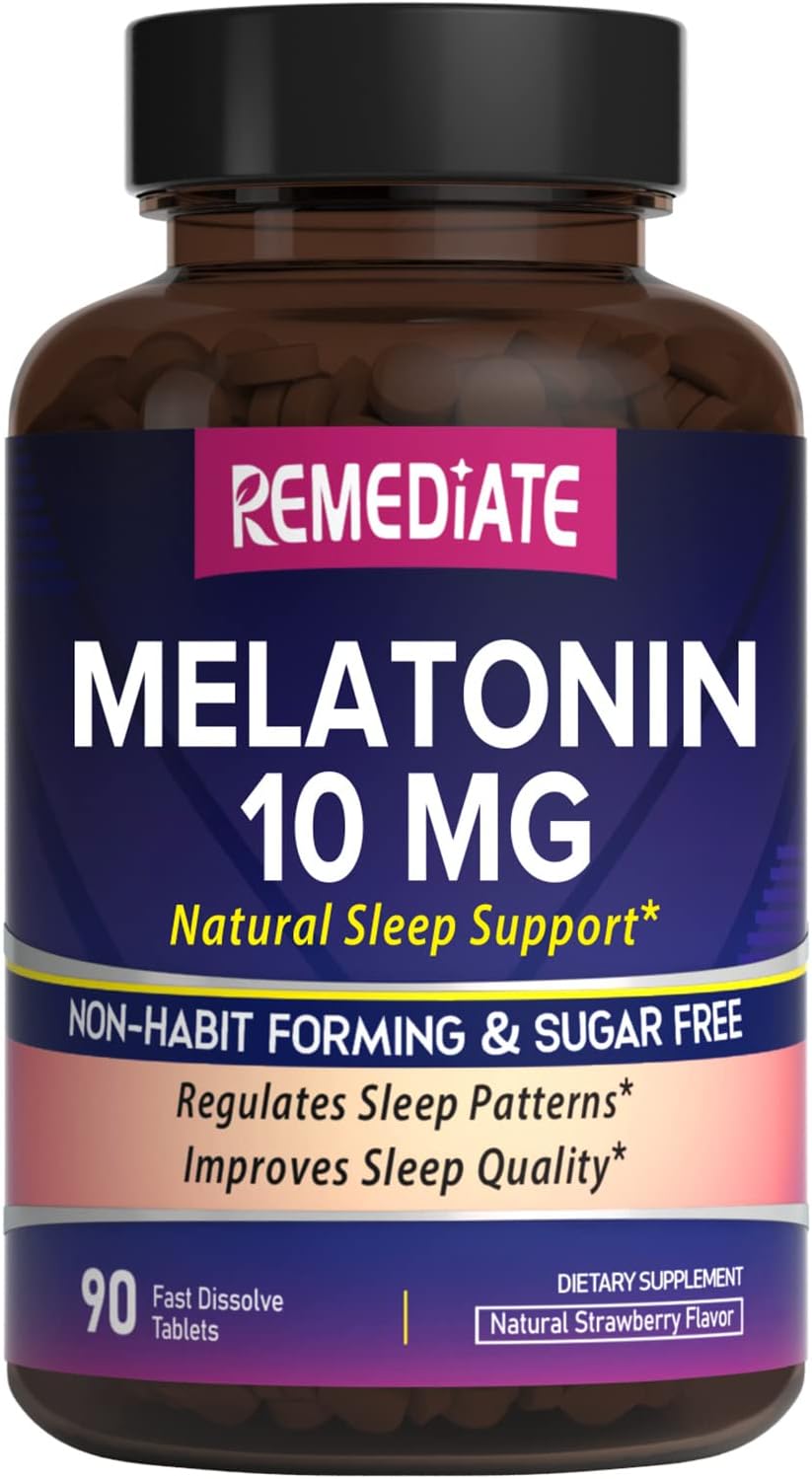 Melatonin 10 mg by REMEDIATE, Sleep Support for Adults, Non-Habit Forming, No Sugar, Restful Sleep, Natural Strawberry Flavor, 90 Fast Dissolve Tabs