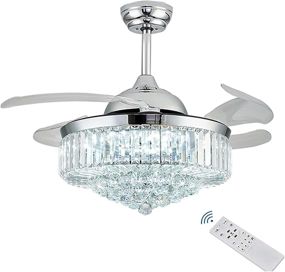 Ceiling Fan Light Chandelier Ceiling Fan Lighting, Crystal Light Dimmable Fandelier with Remote Control, Retractable Blade Comfortable Wind Speed Light(Silvery) [Energy Class A+]