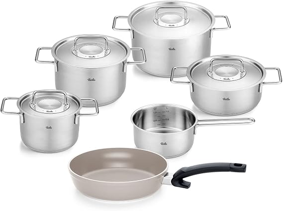 Fissler Pure Collection 6-Piece Stainless Steel Saucepan Set with Metal Lids (3 Saucepans 1 Stewing Pan 1 Saucepan Ceratal Comfort Pan 24 cm) Induction