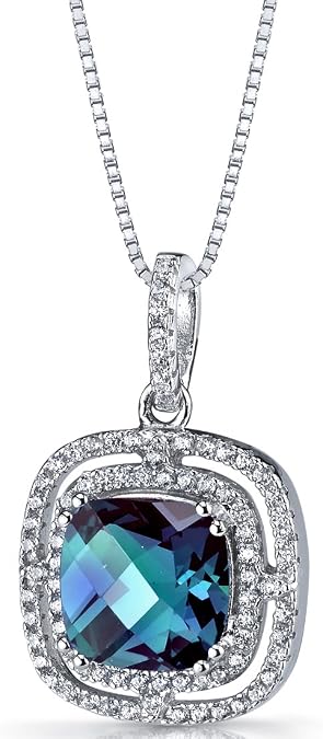 PEORA Simulated Alexandrite Pendant Necklace for Women 925 Sterling Silver, Double Halo Design, Color Changing 4.25 Carats Cushion Cut 9mm, with 18 Inch Chain, Color Change Alexandrite Jewelry,