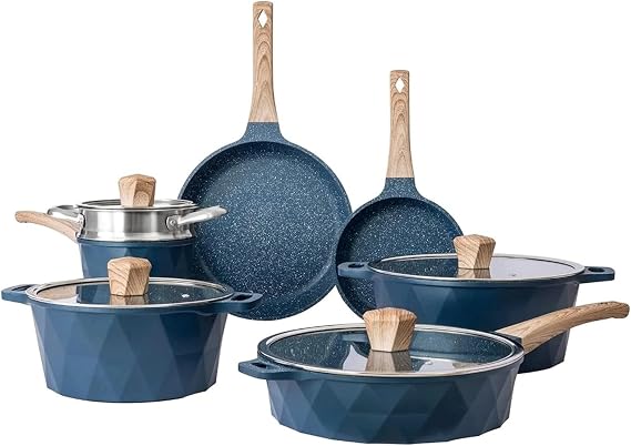 Kitchen Induction Cookware Sets - 13 Piece Nonstick Cast Aluminum Pots and Pans with Handles, Glass Lids