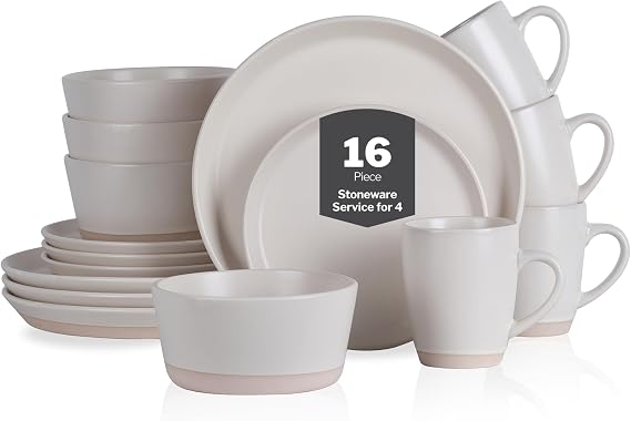 Stone Lain Jules Stoneware 16-Piece Dinnerware Set, Plates and Bowls, Service for 4, Off White, Microwave & Dishwasher Safe