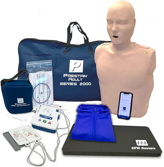 CPR Savers Training Kit with PRESTAN Series 2000 Manikin, AED Trainer, CPR Mat, Manikin Vest, and Mask Kit (Medium Skin)