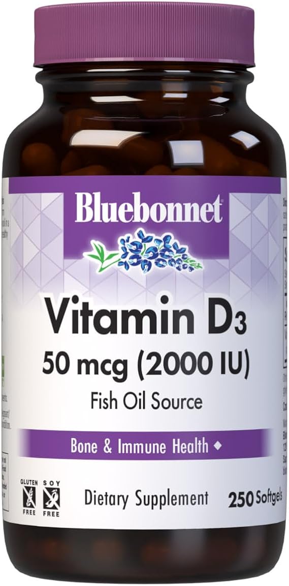 Bluebonnet Nutrition Vitamin D3 2000 IU50 mcg High Potency Immune Support, High Absorption Cold-Water Fish Liver Oil & Plant-Based Non-GMO Safflower Oil, Support Strong Bone, Gluten-Free, 250 Softgels