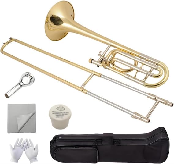 Bb Tenor Slide Trombone B Flat Brass Plated Trombone Instrument with Mouthpiece Cleaning Kit & Padded Case for Beginners Students