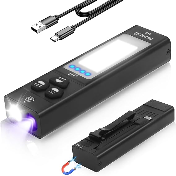 BORUIT U7 LED Small Powerful Flat EDC Flashlight with 365nm UV Black and RGB Light,USB C Rechargeable 1100L Pocket Flash Light with Clip,IP65 Waterproof,Magnetic,Power Bank Function
