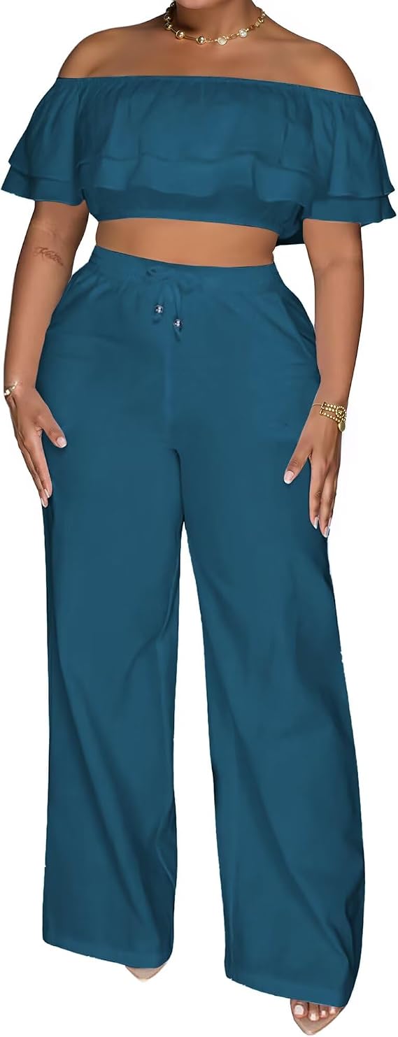 Adogirl 2 Piece Outfits for Women Ruffle Trim Crop Top Wide Leg Pants Set