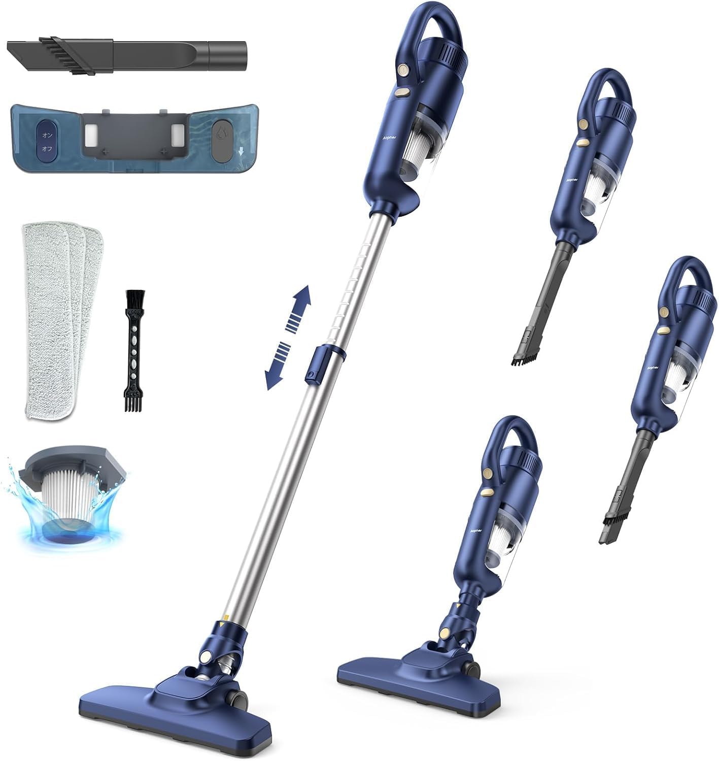 HS827D Cordless Vacuum Cleaner, Cyclone Type, Ultra Lightweight, Stick Cleaner, 55 kPa Powerful Suction & Water Cleaning Function, 30 Minutes of Continuous Operation, Quiet Design, Telescopic Pipe