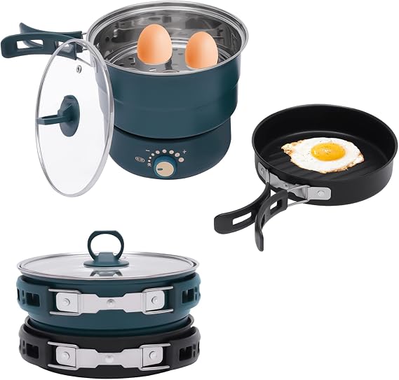 Electric Hot Pot, 110V Folding Portable Multi-Functional Non-Stick Split Electric Hot Pot, Travel Crock Pot, Mini Crock Pot with Power Adjustment for Pasta, Soups, Steaks and Vegetables (Green)
