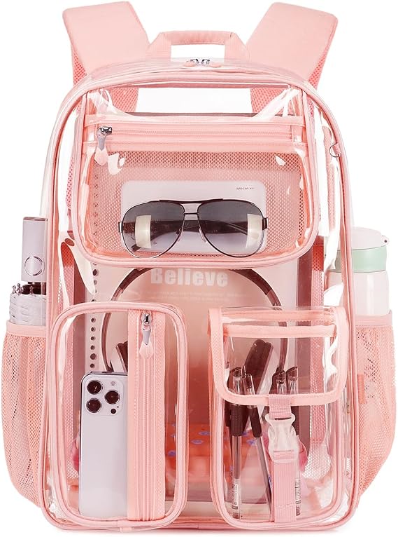 Cusangel Clear Backpack for Stadiums,16.5 x12 x5inch TPU Large Capacity See Through Backpack for Sport Events, School, Travel (16in Pink)