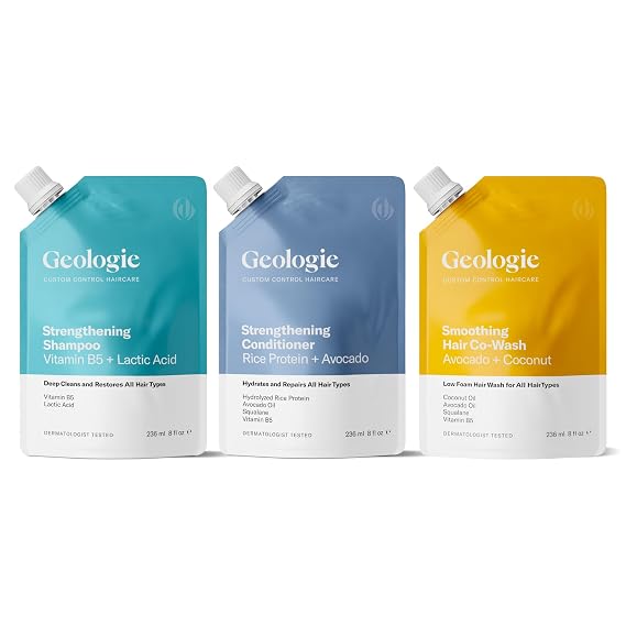 Geologie Custom Control Haircare Set for Dry, Thick, Wavy & Curly Hair, 3-Piece Bundle with Strengthening Shampoo, Strengthening Conditioner & Smoothing Co-Wash, Sulfate Free, Color Safe