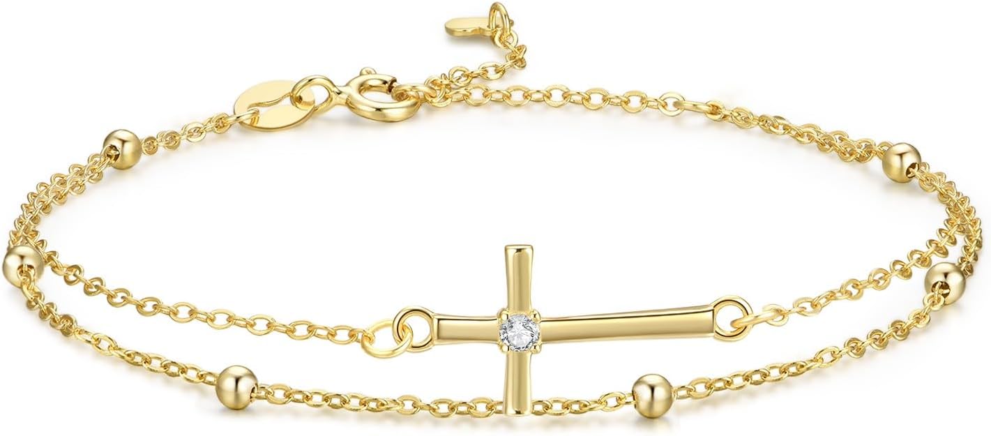 GAVU Double Chains 925 Sterling Silver Cross Bracelet for Women, Dainty Silver Cross Charm Confirmation Bracelet