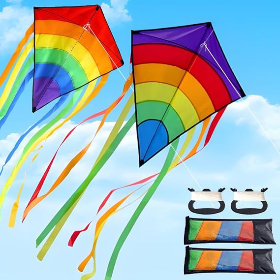 2Pcs Diamond Kites, Rainbow Kites Easy to Fly, Colorful Diamond Kite with Long Tail & 80 meters Flying String, Outdoor Beach Flying Kite for Kids Adults Outdoor Games