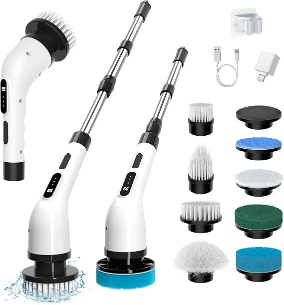 Electric Spin Scrubber for Cleaning, 9 in 1 Changeable Bathroom Scrubber with Power Display, Long Cordless Cleaning Brush, Cordless Shower Cleaner Brush for Bathtub Kitchen Wall Spring Cleaning Tools