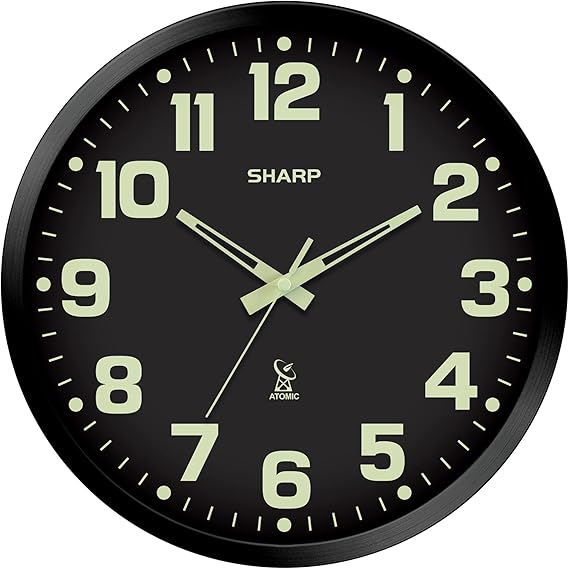 Sharp 12-Inch Atomic Wall Clock, Battery Operated, Glow in Dark | Self-setting atomic time; Easy-read analog face; Automatic time adjustment; Simple setup; Versatile home or office style