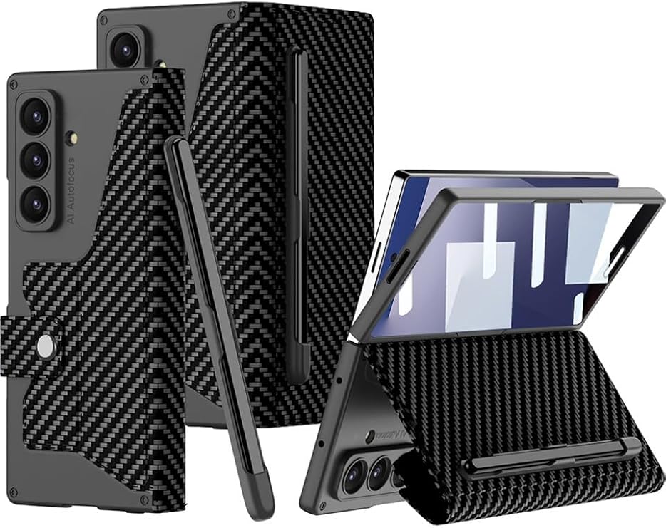 CONSTRAIN - Samsung Galaxy Z Fold 5 6 ile uyumlu Kamera Korumalı Karbon Tasarımlı Kıpta Kalemli Kapak Kılıf - Siyah