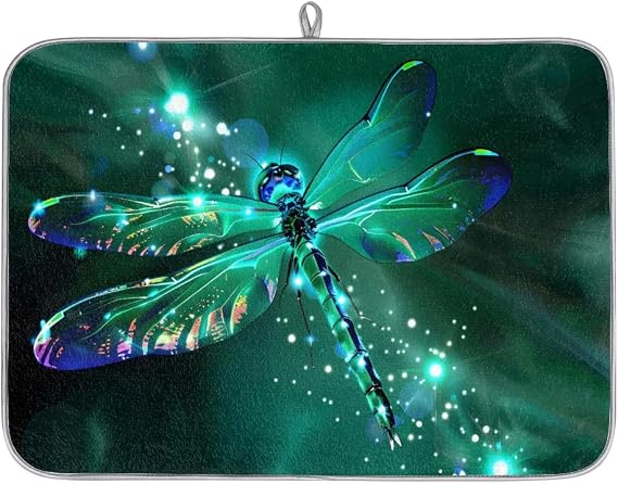 Dragonfly Green Dish Drying Mat for Kitchen Counter Absorbent Reusable | Dragonfly Drying Reversible Microfiber Washable Dish Drainer Mats Dish Drying Pad for Kitchen Counter Decor 18x24 In