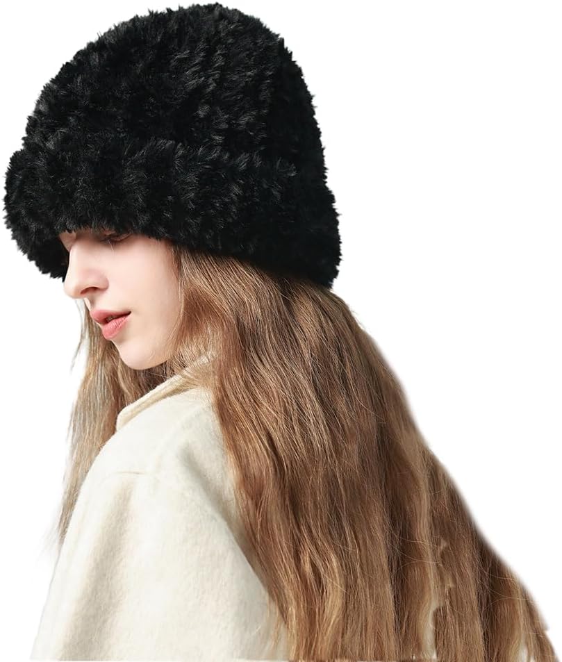 PENINSULA LOVE Women Cossack Beanie Hat Faux Fur Cuffed Beanie Winter Fuzzy Soft Knitted Cap