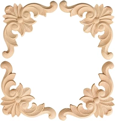 MUXSAM Wood Carved Onlay Appliques, Unpainted Wooden Corner Carving Decals, Furniture Decor for Cabinet Headboard Cupboard Mirror Sofa Mantel Side Table TV Stand Upgrade, 4-Pack, 6x6cm2.36x2.36