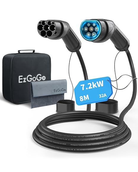 EzGoGo Type 2 Charging Cable, 32A / 7.2kW / 1 Phase / 8 Meter/Mode 3, Type 2 to Type 2 EV Charging Cable Facilitates Fast Charging for Electric Vehicles