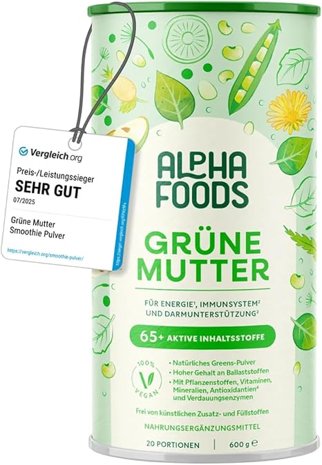 Grüne Mutter 2.0 - The Original - Greens Shake - Acacia Fibre Powder Wheatgrass Nettle Milk Thistle Alfalfa Chlorella and More - Smoothie Shake - 600 g Powder - Alpha Foods