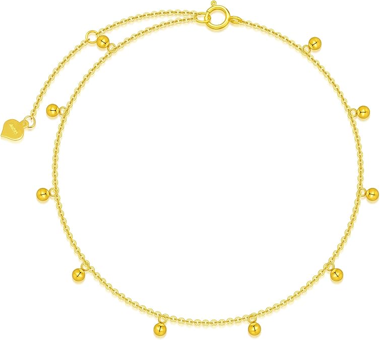 Solid 14K, 18K Gold Bracelets for Women, Real Gold Bead Thin Chain Bracelet