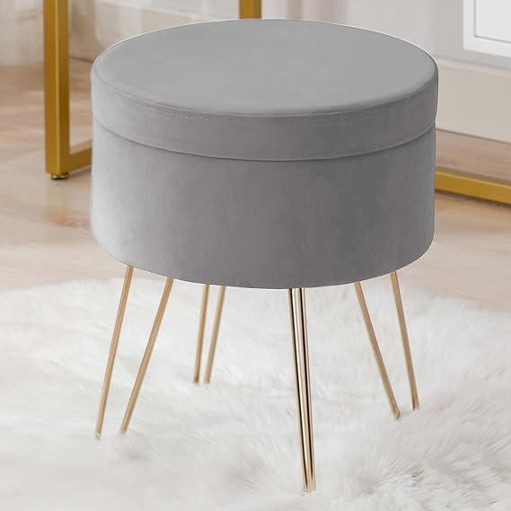 DUHOME Velvet Storage Ottoman, Vanity Chair with Metal Legs Vanity Stool Round Footrest Stool Tray Top Coffee Table for Bedroom Living Room, Grey